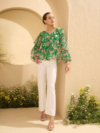 Antheaa Floral Printed Ruffles Detail V-Neck Puff Sleeves Peplum Top