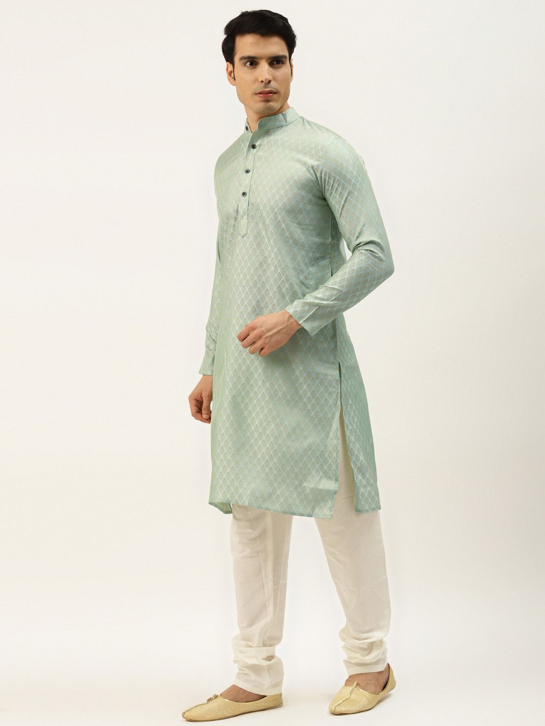 SOJANYA Men Rust Red & Green Jacquard Ethnic Motifs Straight Kurta with Churidar