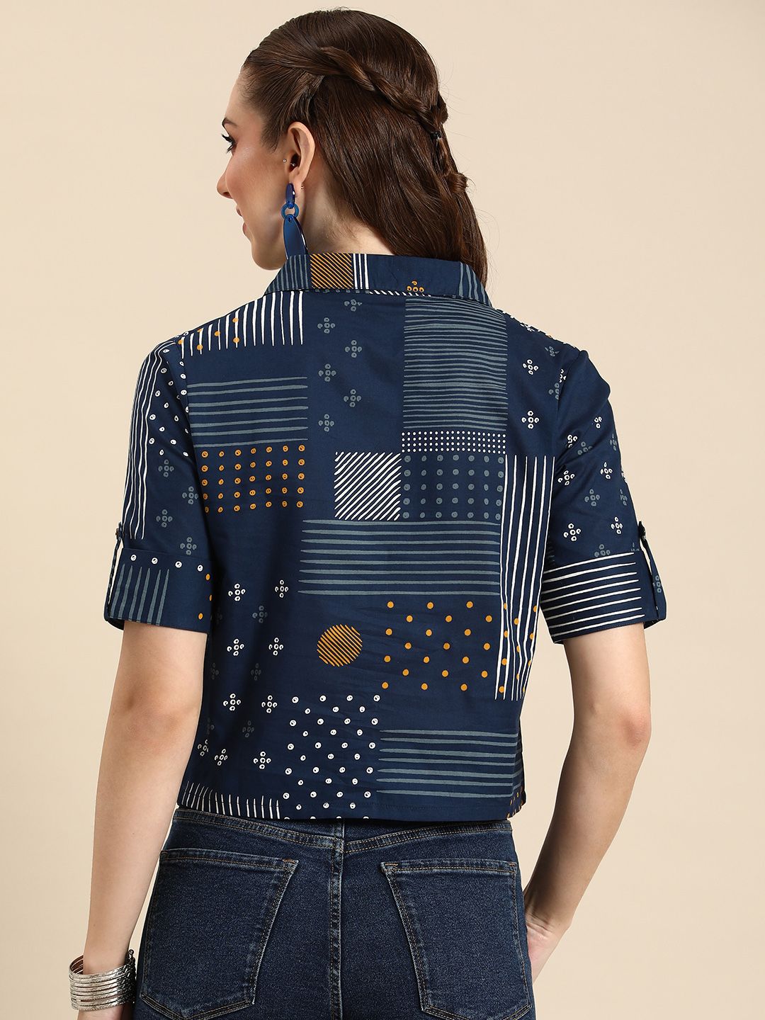 Anouk Geometric Print Roll-Up Sleeves Cotton Shirt Style Crop Top
