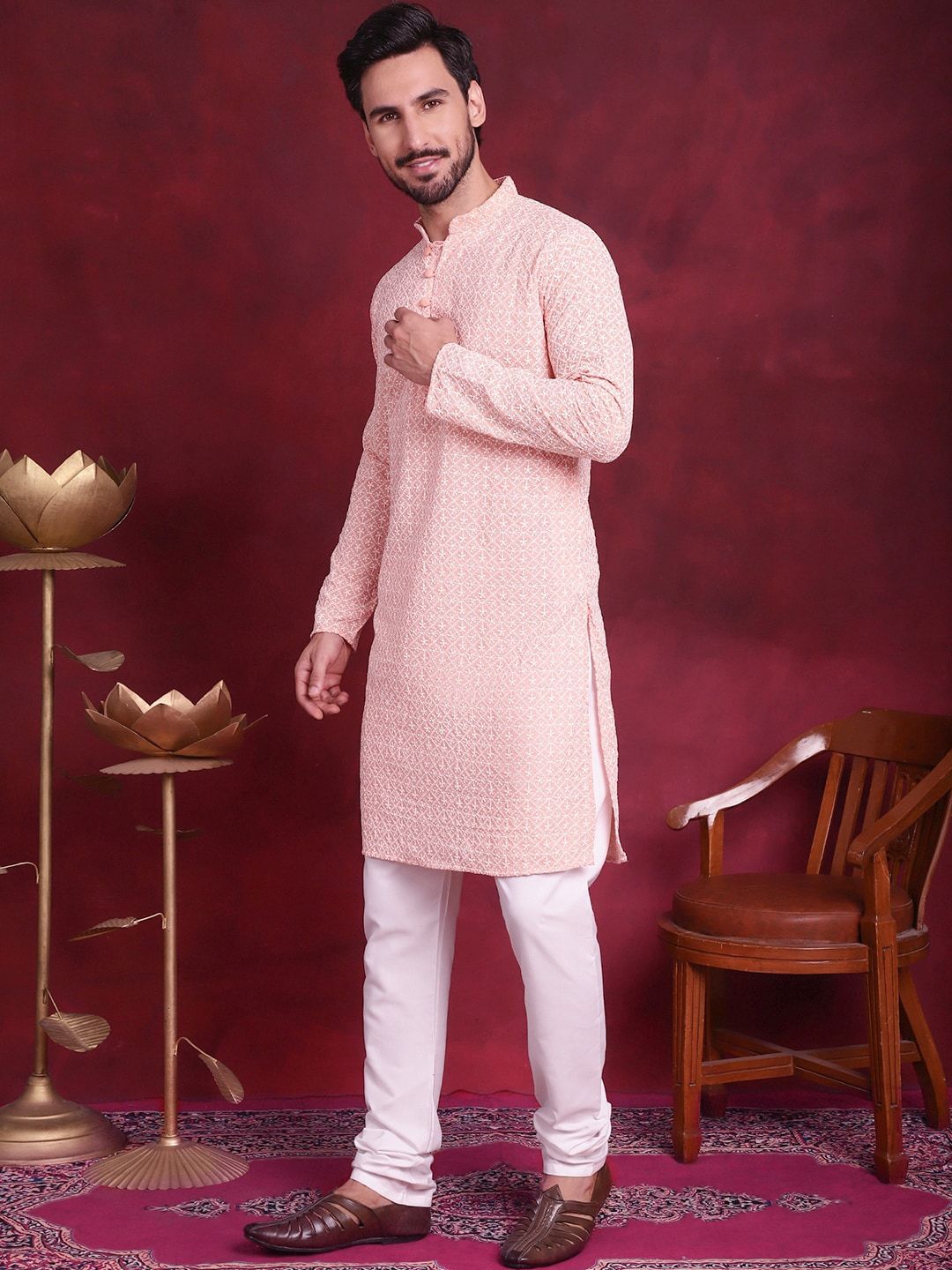 Jompers Floral Embroidered Chikankari Mandarin Collar Pure Cotton Kurta With Churidar