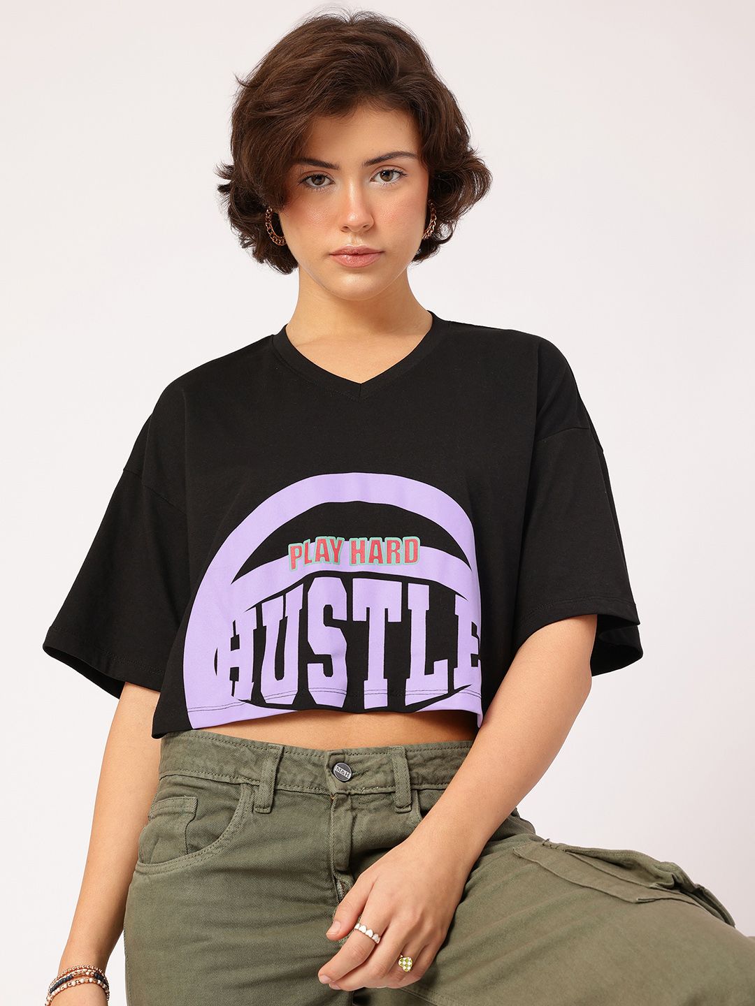 DressBerry Hustle Mode On Printed Boxy Crop T-shirt