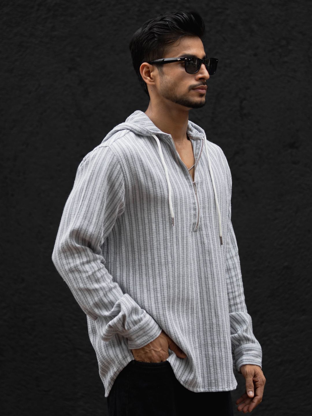 Powerlook Men Hood Vertical Striped Cotton Casual Shirt