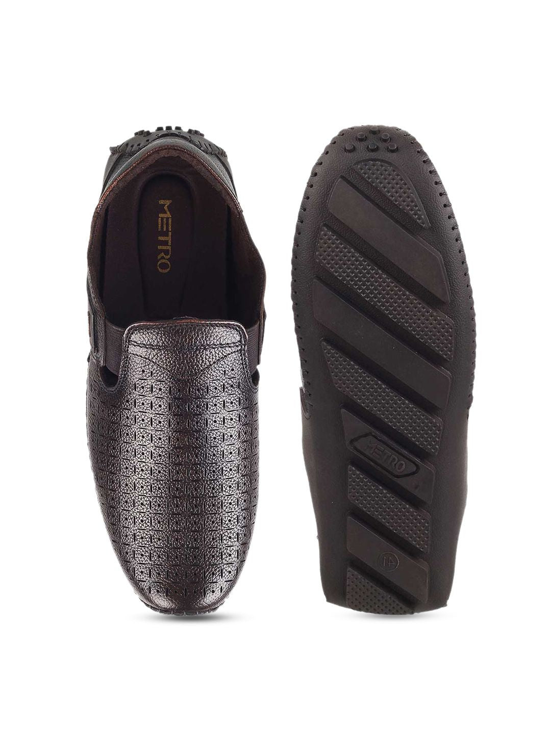 Metro Men Brown Textured Leather Loafers