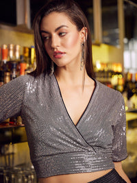 Athena Grey Embellished V-Neck Sequin Crop Top