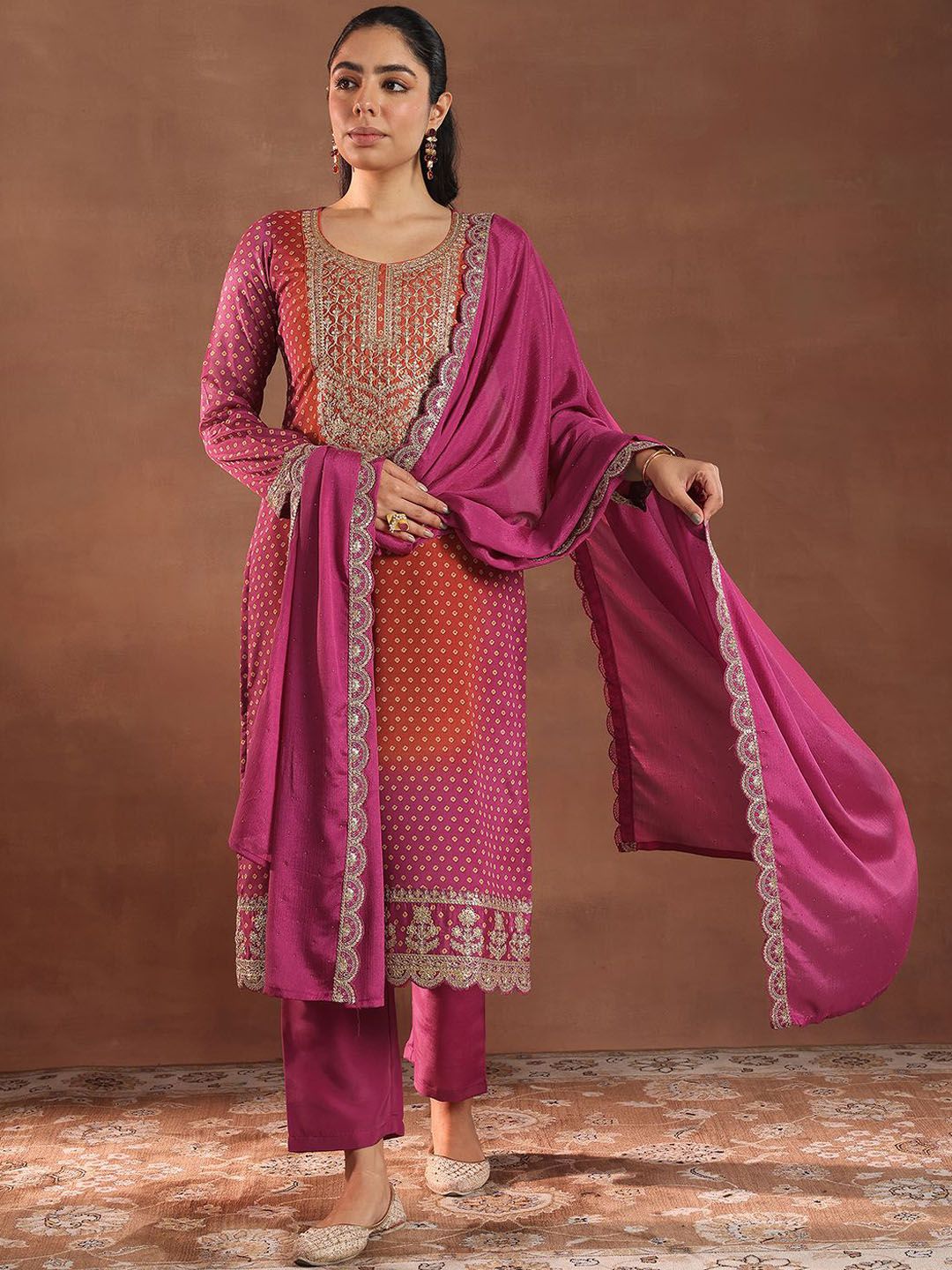 Libas Women Bandhani Printed Regular Kurta with Trousers & With Dupatta