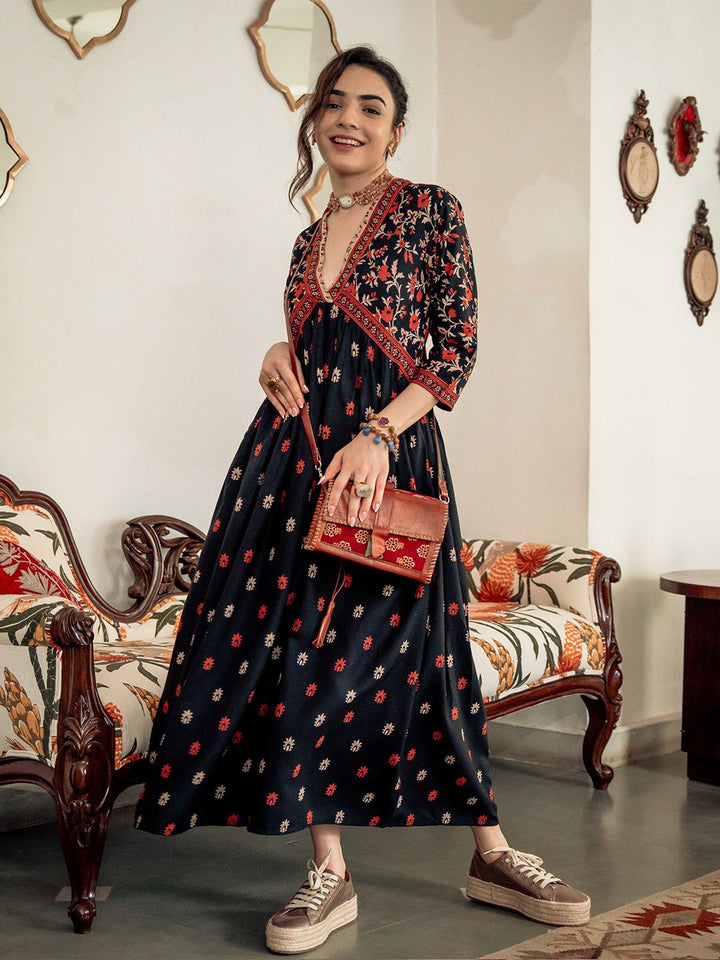 Rustorange Black & Orange Ethnic Motifs Printed Maxi Dress