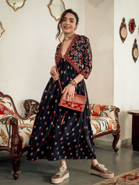 Rustorange Black & Orange Ethnic Motifs Printed Maxi Dress