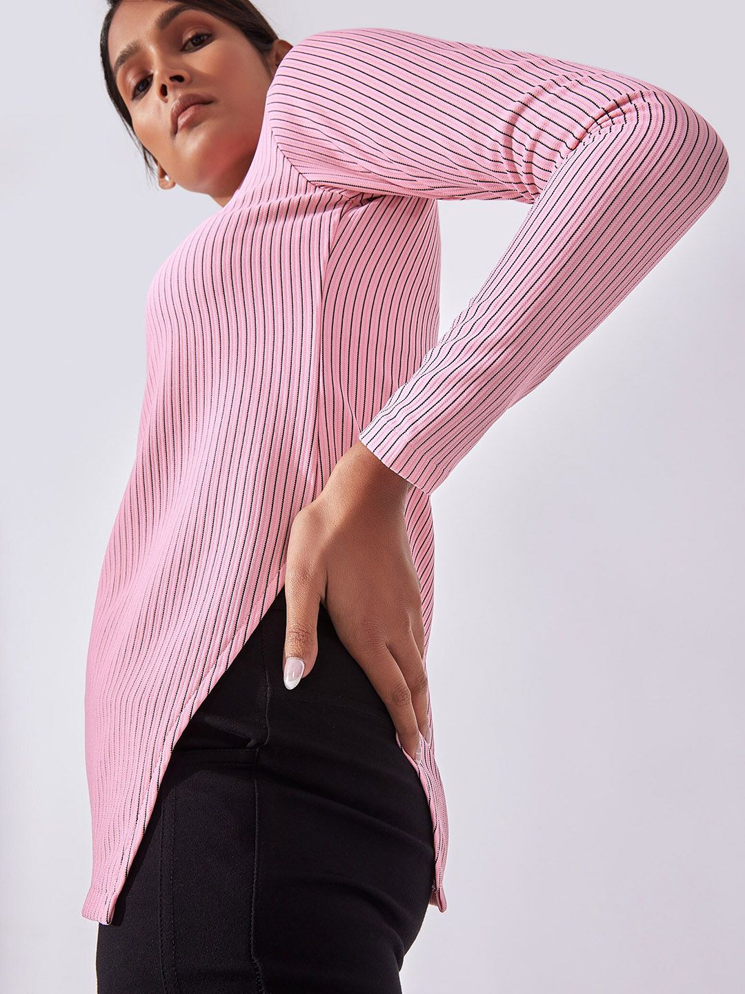 The Label Life Pink Striped High Neck Top