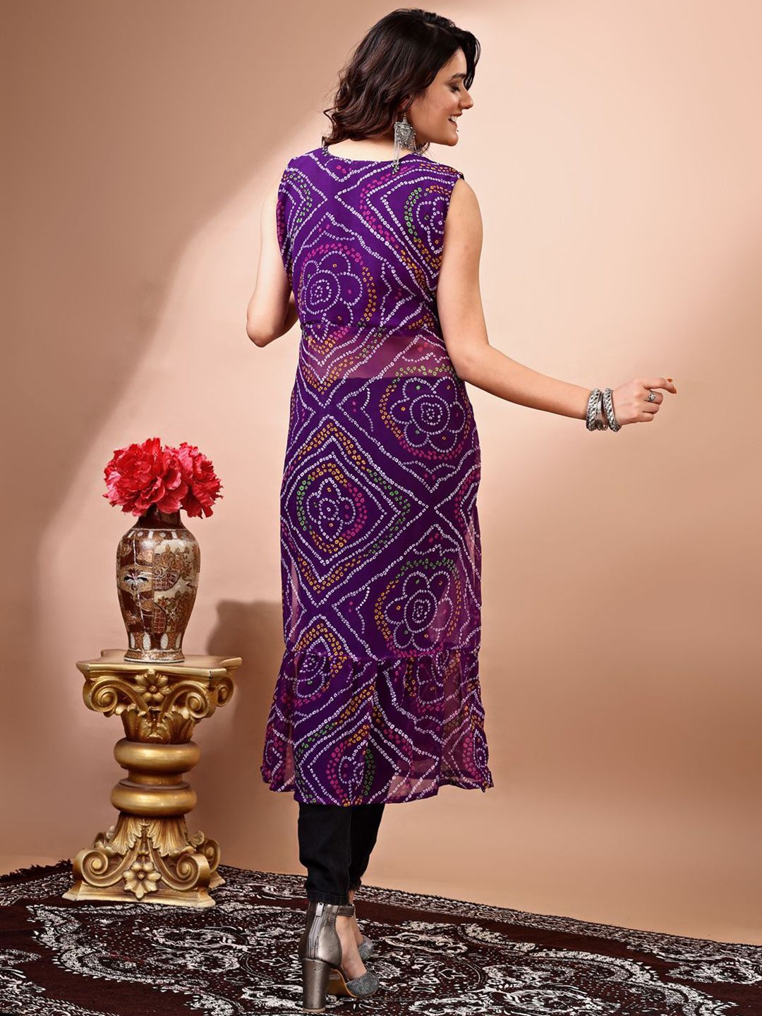 KALINI Bandhani Printed Round Neck Thread Work Georgette Straight Kurta