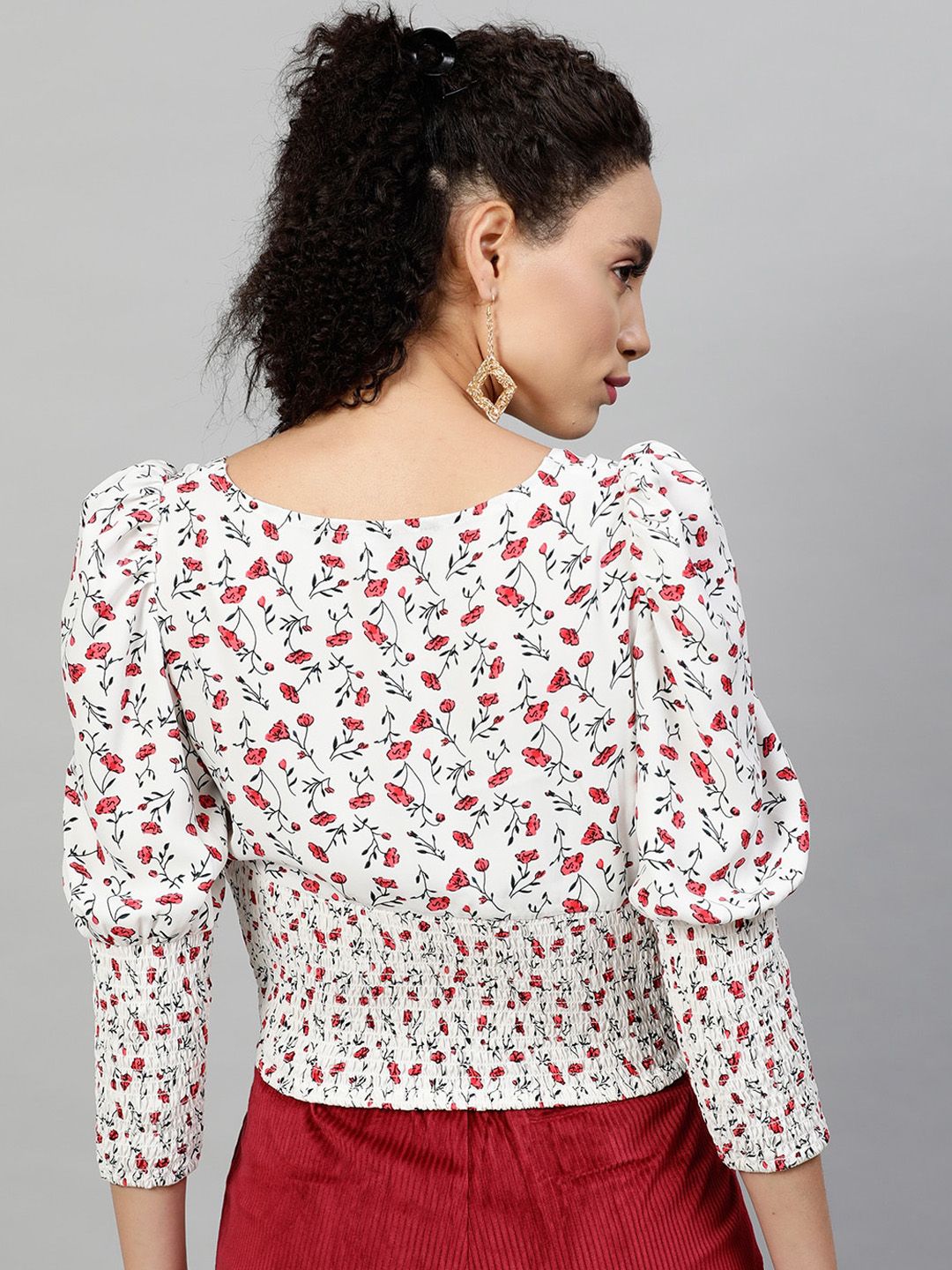 STREET 9 White Floral Printed Puff Sleeves Crepe Top