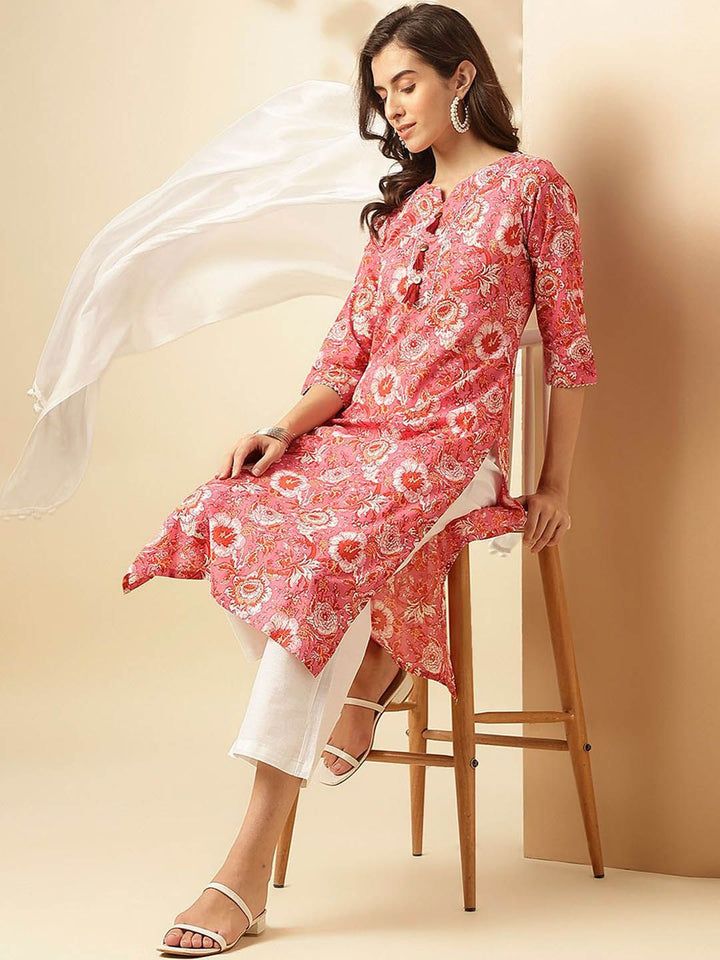 KALINI Floral Printed Notch Neck Pure Cotton Straight Kurta With Trousers & Dupatta