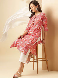 KALINI Floral Printed Notch Neck Pure Cotton Straight Kurta With Trousers & Dupatta