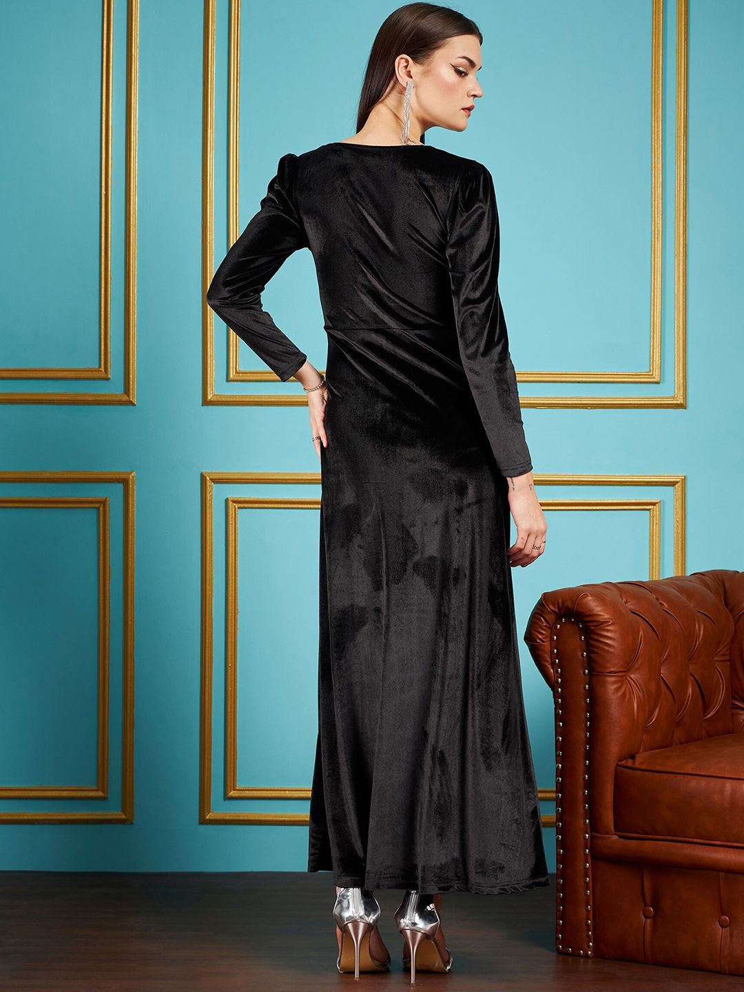 SASSAFRAS Black Puff Sleeves Velvet Maxi Dress