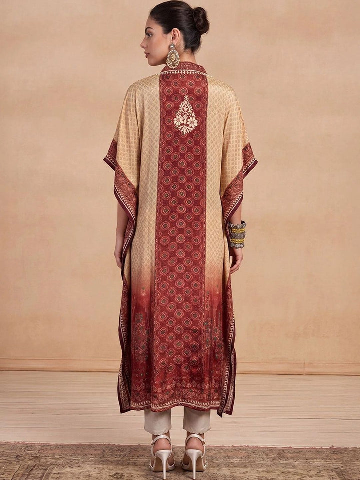 Rumah Wanita Chikankari Motif Etnik Bercetak Lengan Panjang Kerja Benang Crepe Kaftan Kurta