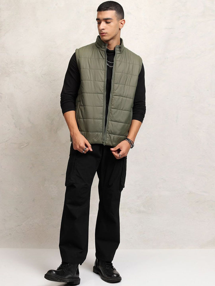 HIGHLANDER Men Solid Crop Mandarin Collar Quilted Jacket