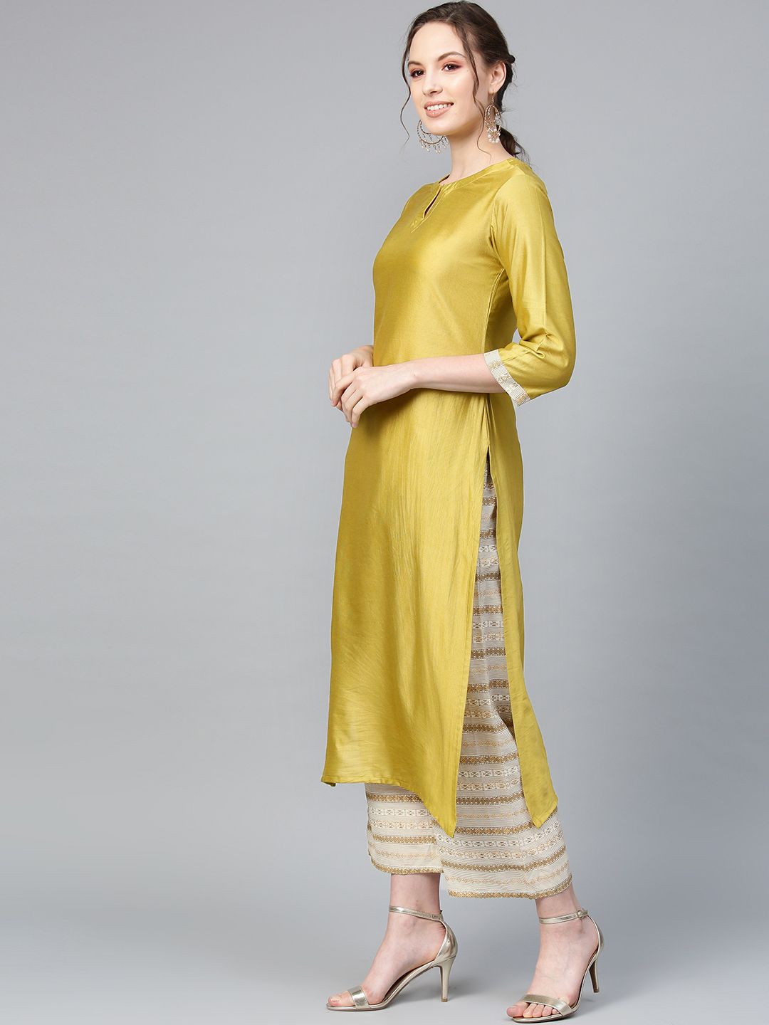 Indo Era Muted Dandelion Ethnic Stripes Keyhole Kurta Set with Stole