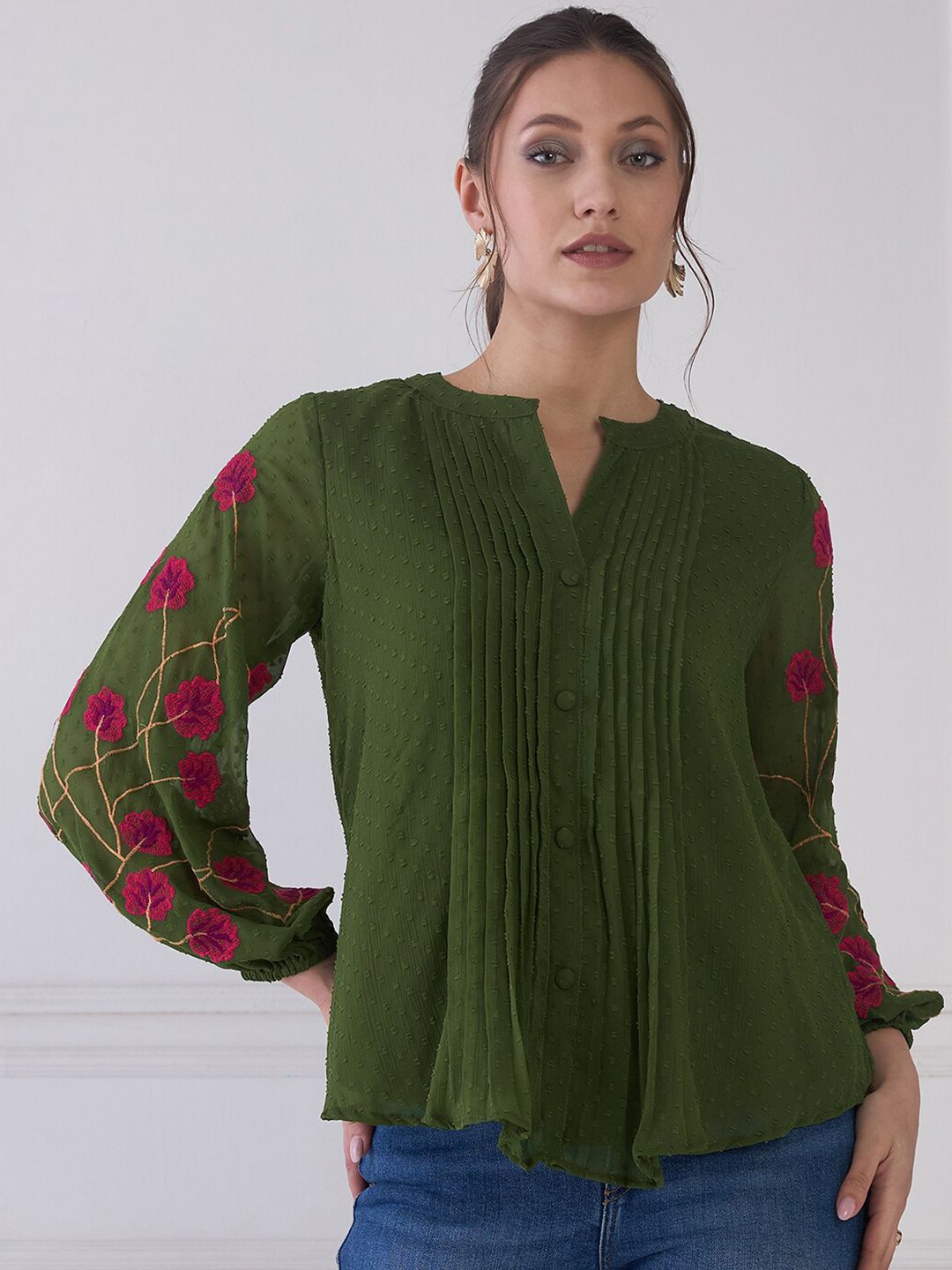 Antheaa Green Self Design Mandarin Collar Puff Sleeves Embroidered Chiffon Shirt Style Top