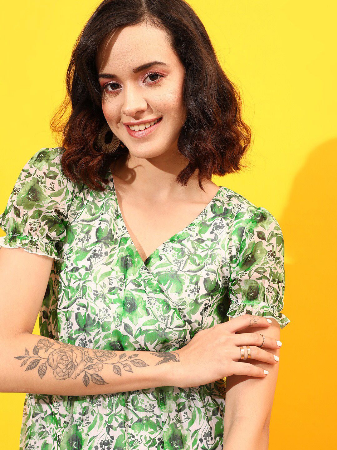 STREET 9 Puff Sleeves Floral Chiffon A-Line Midi Dress