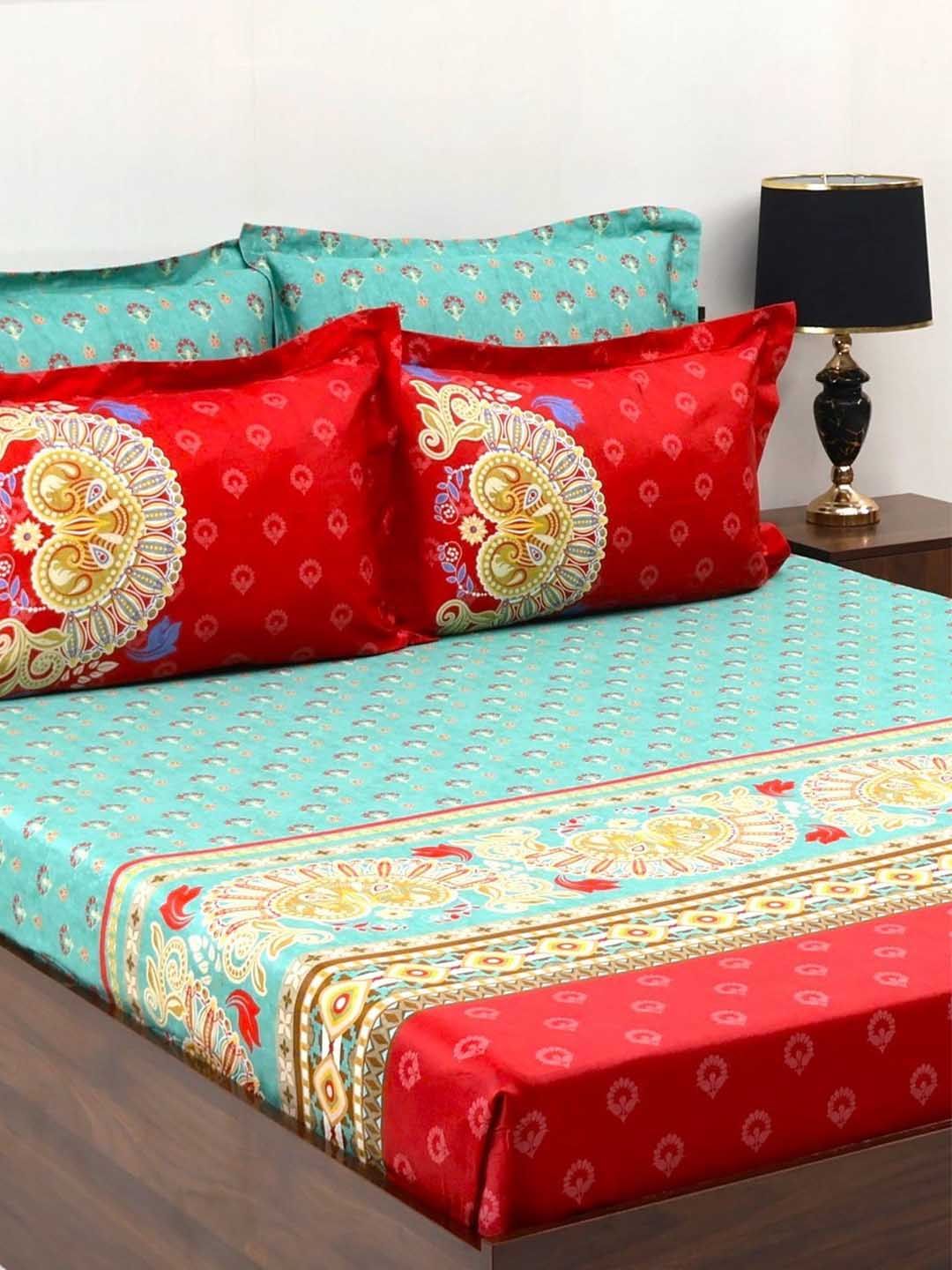 BOMBAY DYEING Celebrating India Green Printed Cotton 300 TC King Bedsheet Set 2.74 x 2.74m