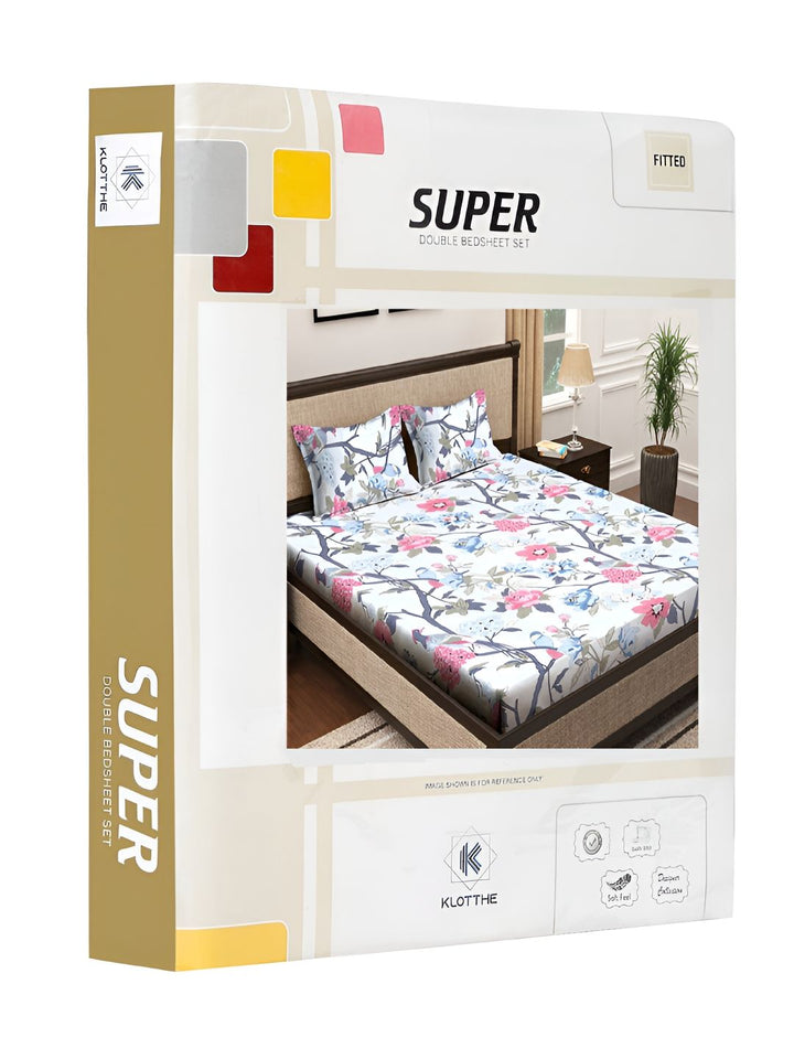 KLOTTHE White & Blue Fitted Floral 300 TC Double King Bedsheet with 2 Pillow Covers