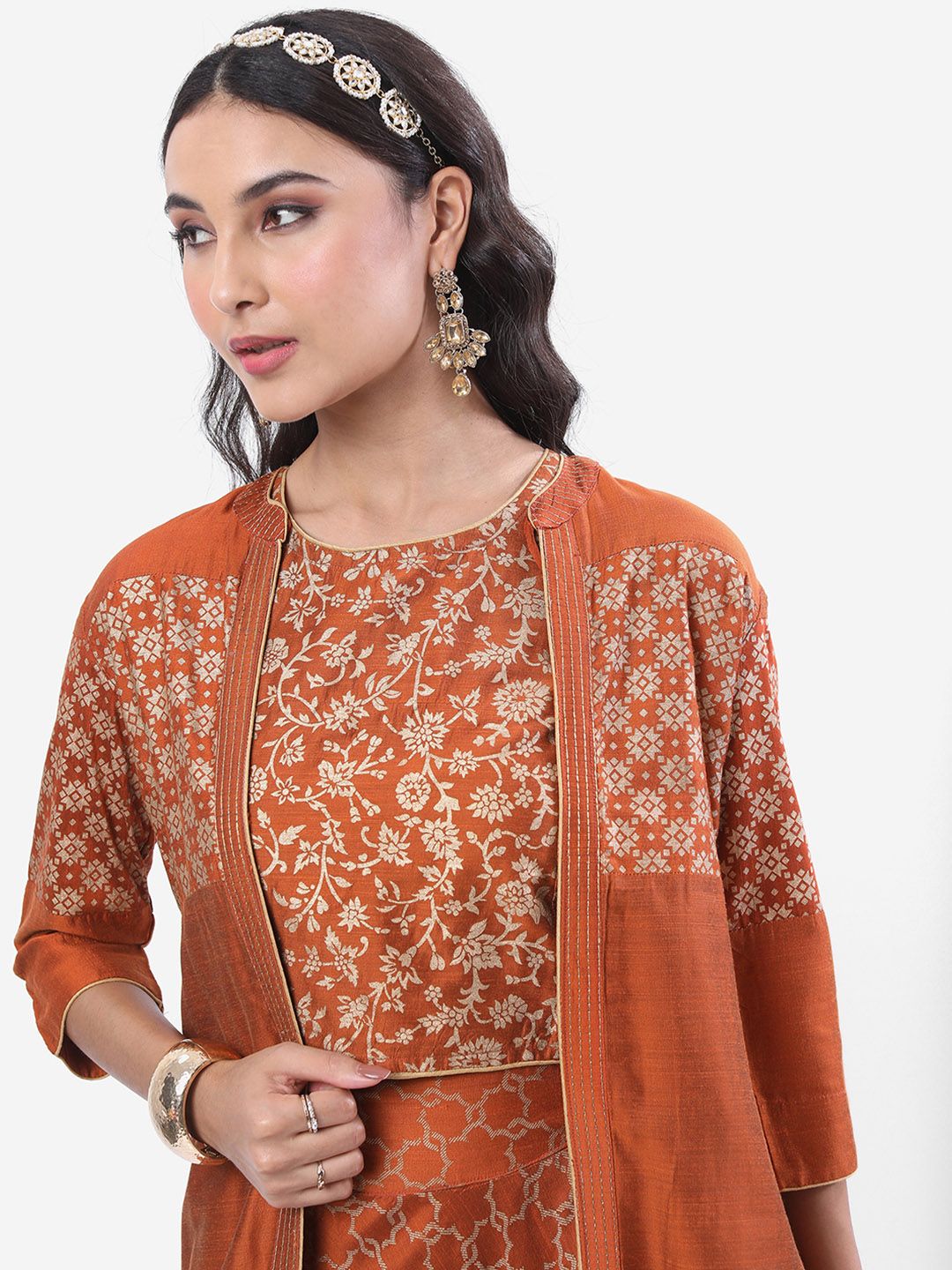 Vishudh Rust Ethnic Motifs Printed Ethnic Top with Skirt & Jacket