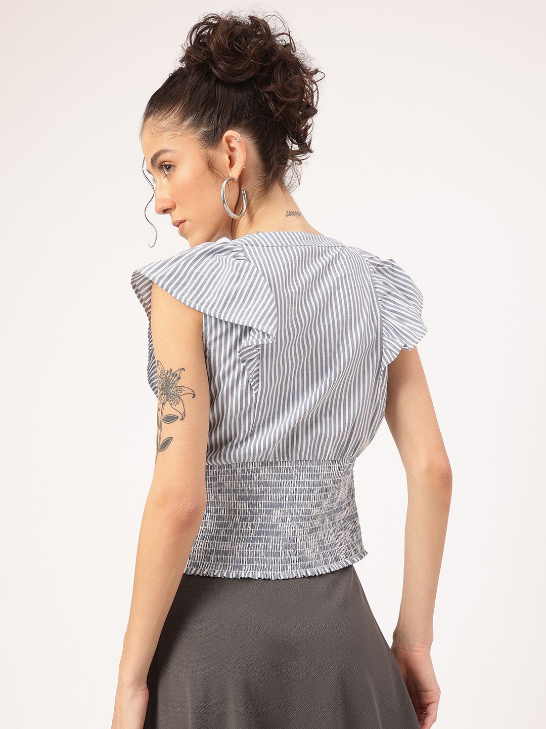 DressBerry Ruffle Truffle Striped Smocked Cinched Waist Top