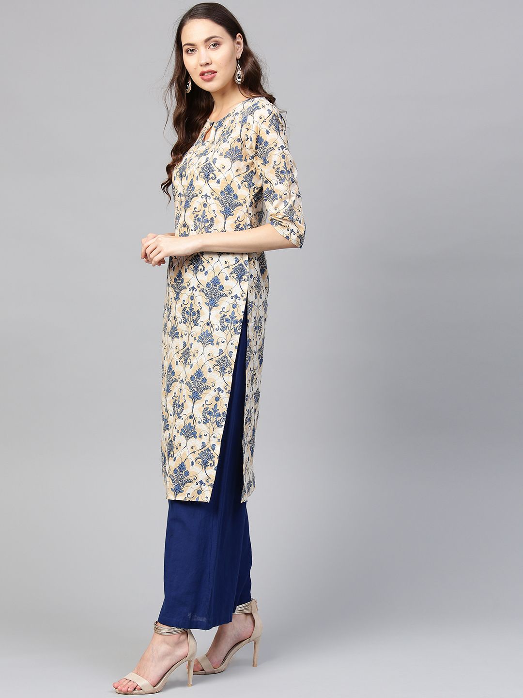 SOJANYA Women Beige & Navy Blue Printed Straight Kurta