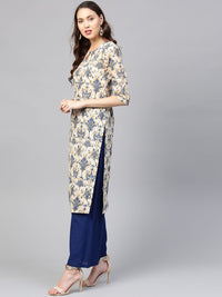 SOJANYA Women Beige & Navy Blue Printed Straight Kurta