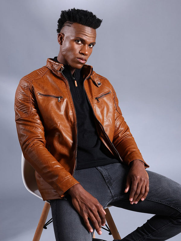 The Indian Garage Co Men Brown Solid Faux Biker Jacket