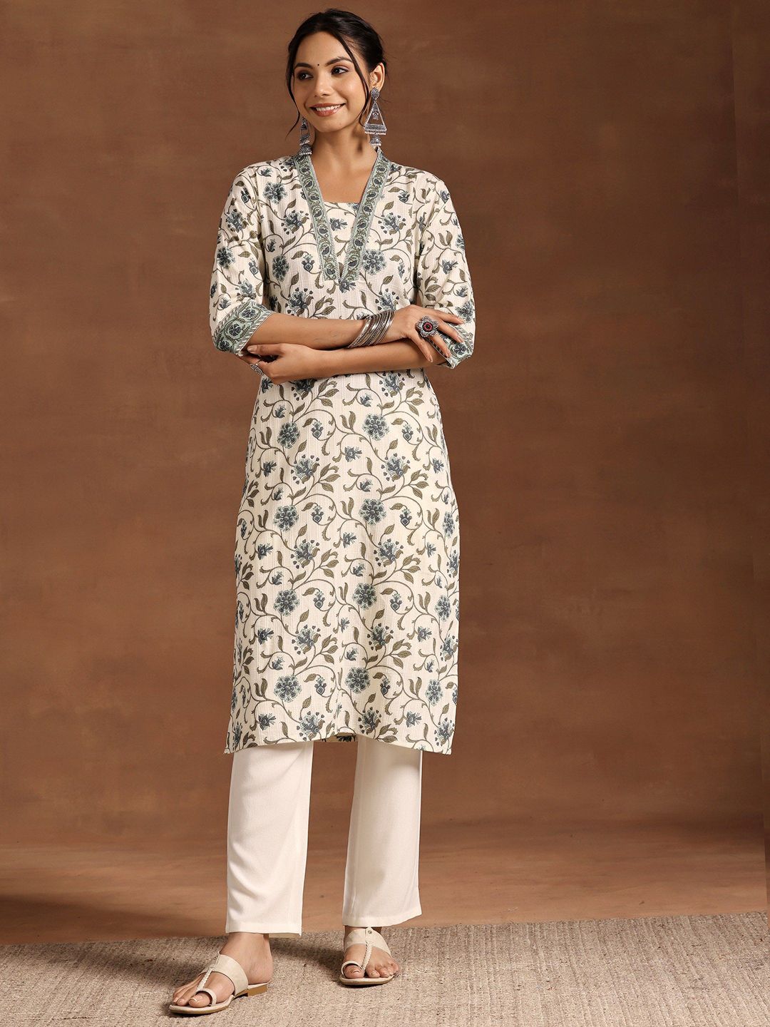 Libas Floral Printed Square Neck Sequinned Pure Cotton Straight Kurta