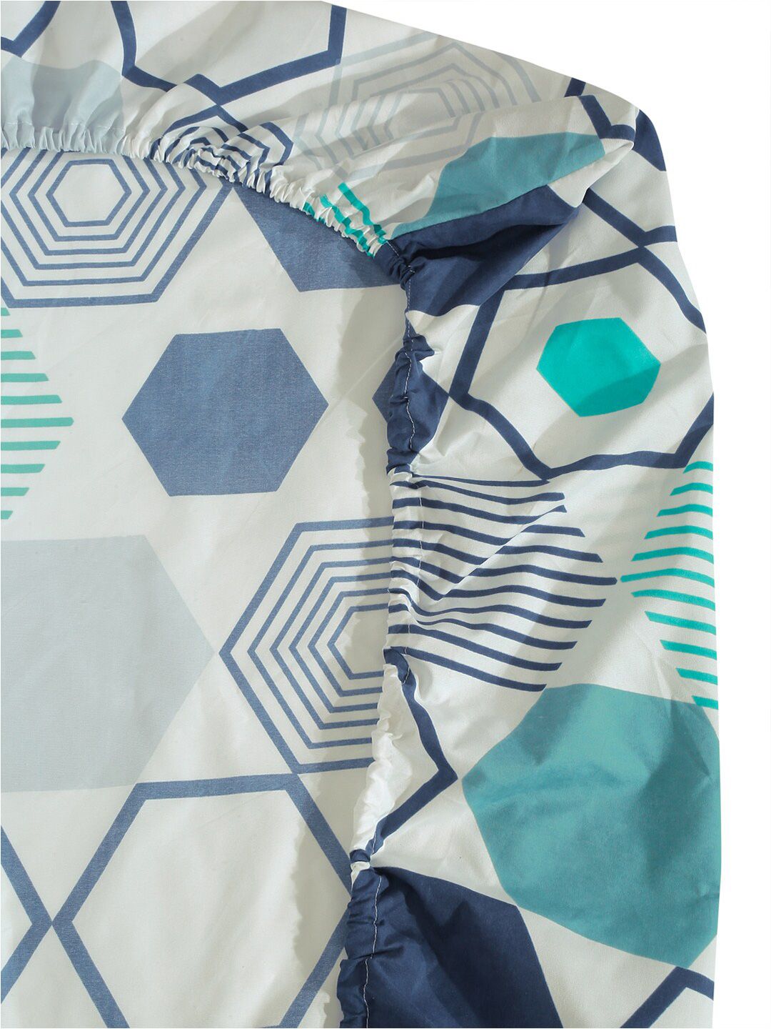 KLOTTHE Grey & Blue Geometric Fitted 300 TC King Bedsheet with 2 Pillow Covers