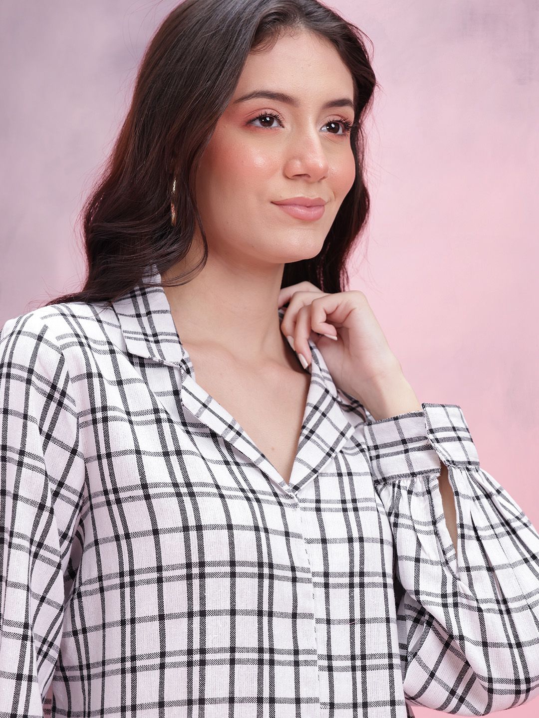DressBerry Lapel Collar Tartan Checks Casual Shirt