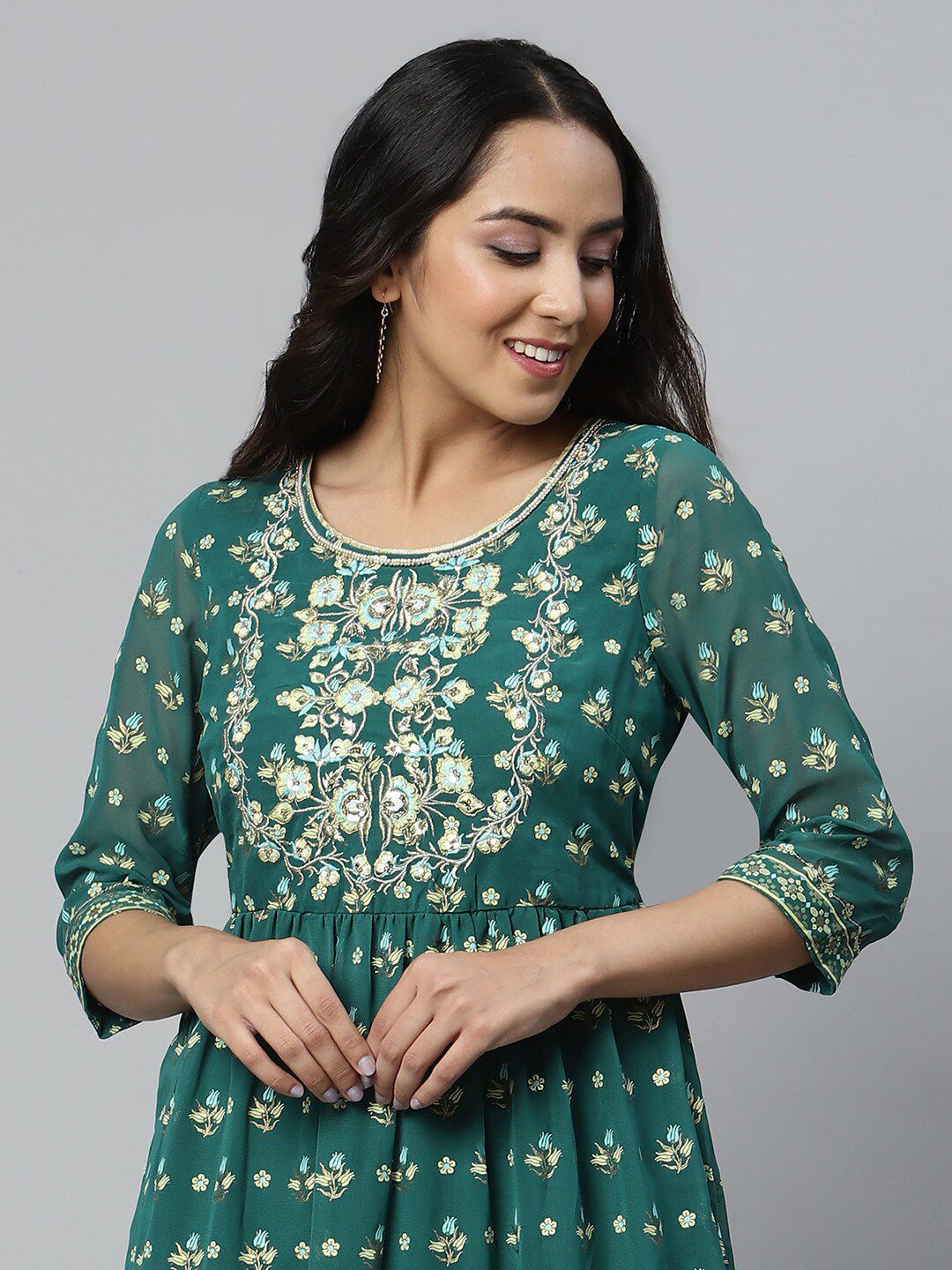 AURELIA Green Floral Printed Tiered Maxi Dress