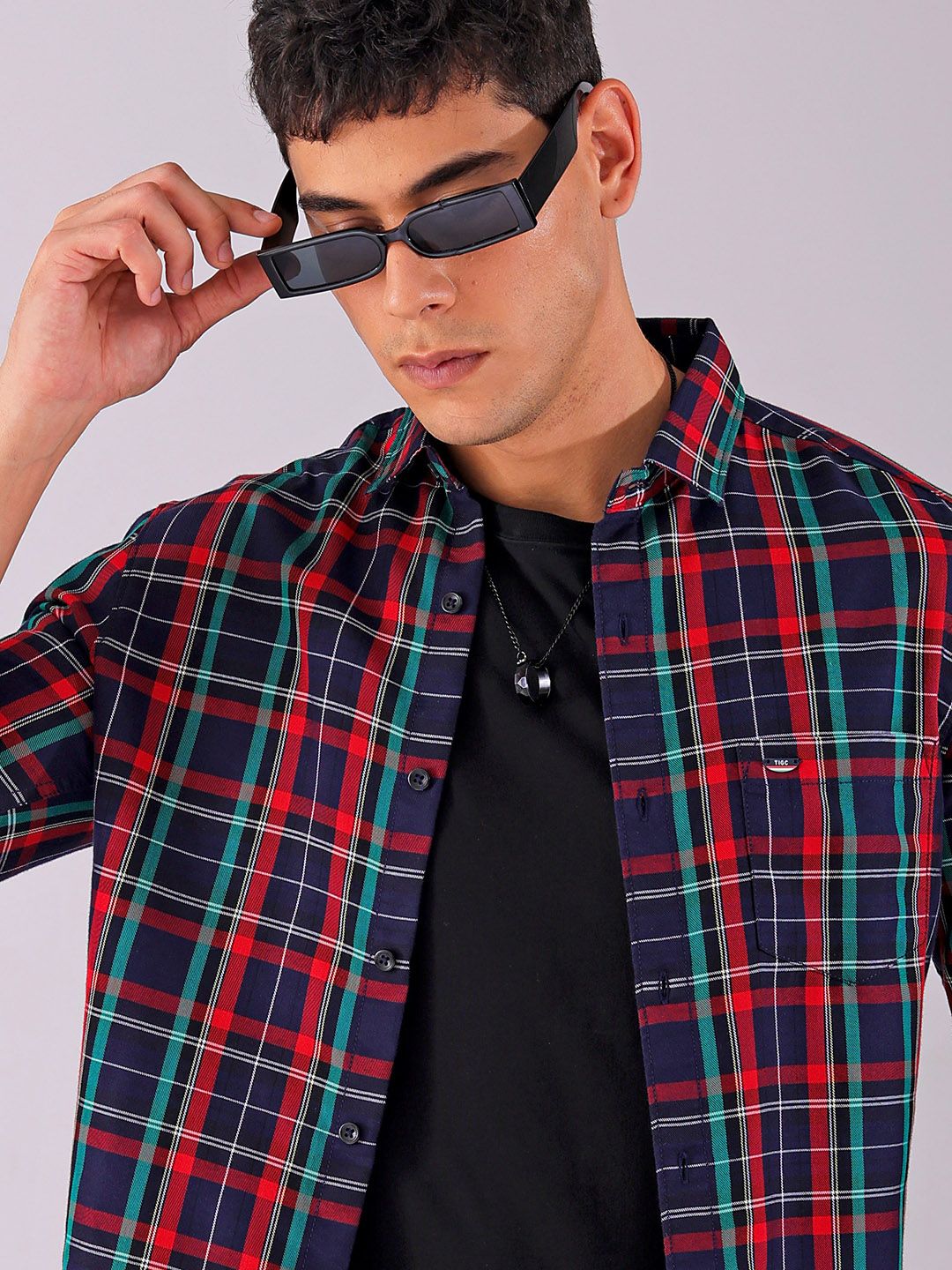 The Indian Garage Co Men Spread Collar Tartan Checked Cotton Slim Fit Casual Shirt
