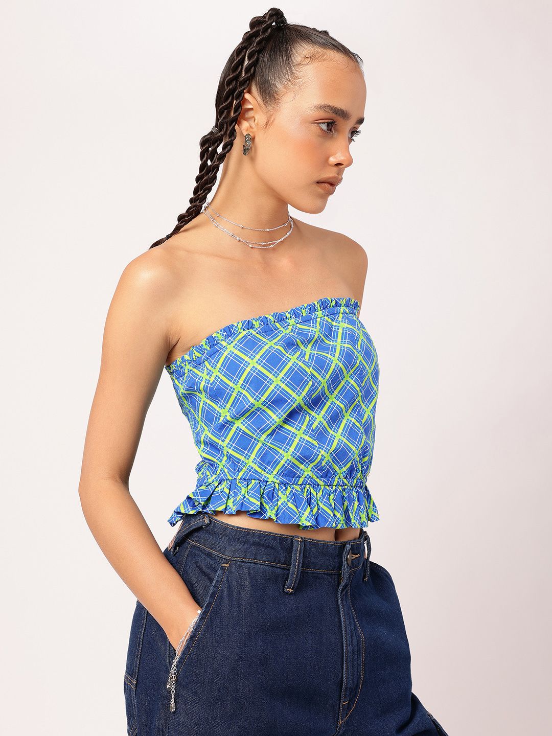DressBerry Grid It Out Ruffled Cotton Crop Bardot Top
