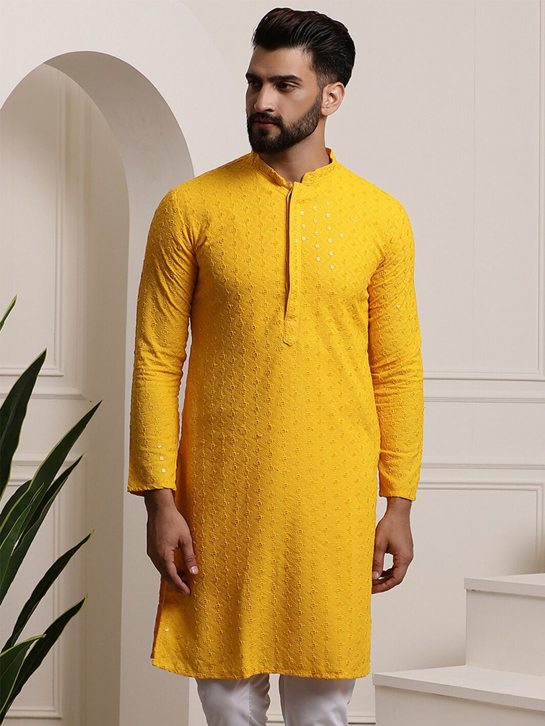 SOJANYA Ethnic Embroidered Sequined Pure Cotton Straight Kurta