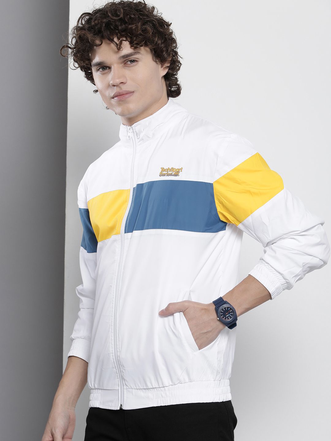 The Indian Garage Co Men White & Blue Striped Windcheater Bomber Jacket