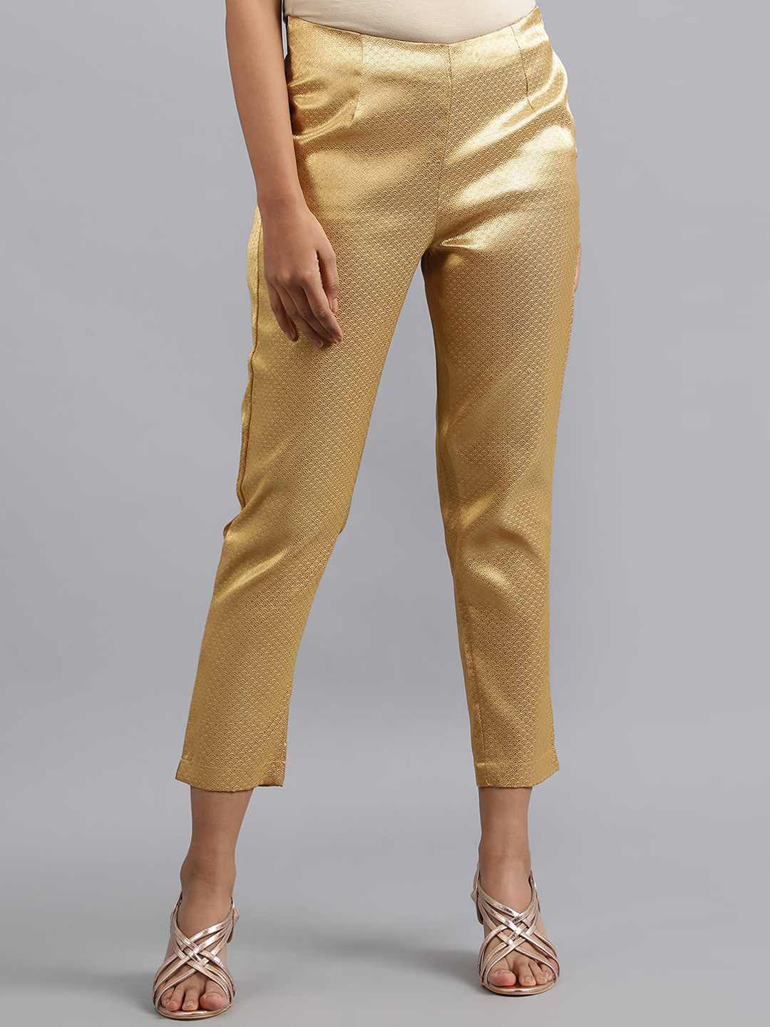 W Women Gold-Toned Printed Slim Fit Pleated Culottes Trousers