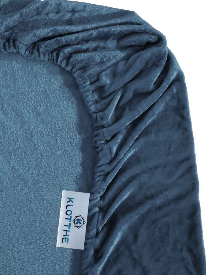 KLOTTHE Blue Woollen 300TC Fitted Single Bedsheet With Pillow Cover