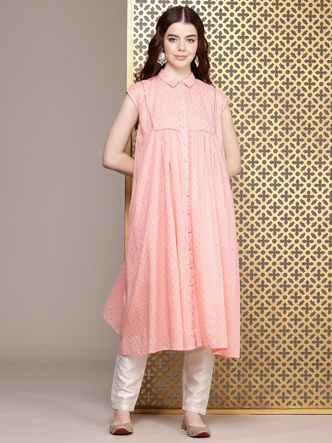 House of Pataudi Geometric Woven Design Shirt Collar Gotta Patti Detail Jashn A-Line Kurta