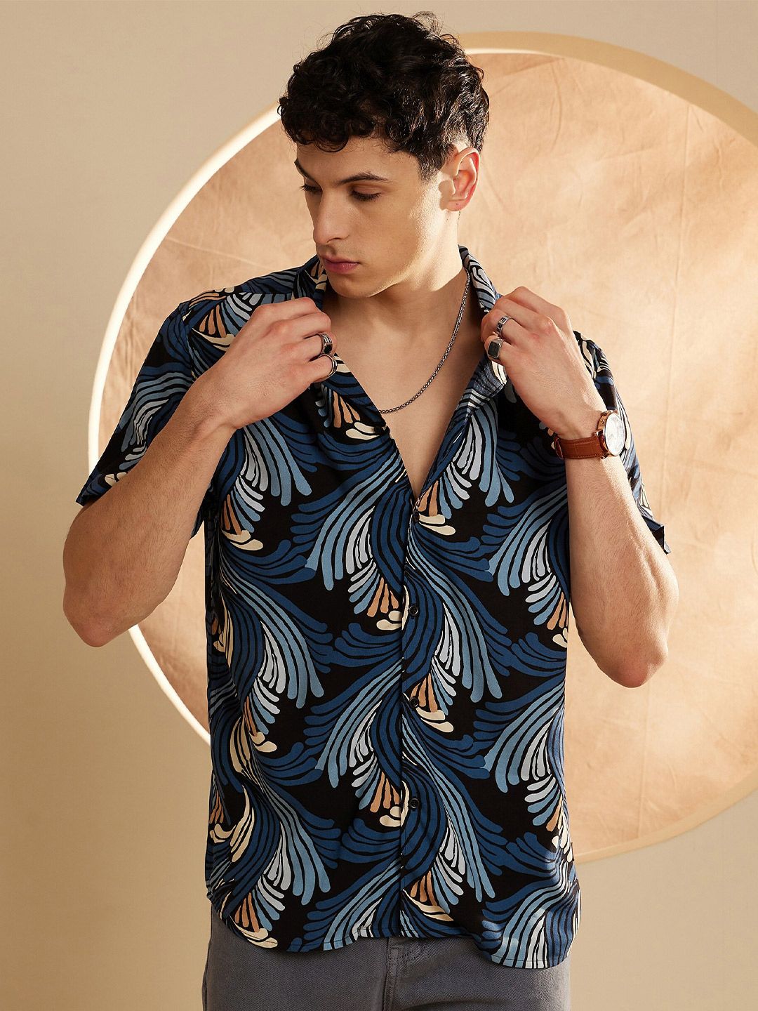 DENNISON Smart Floral Printed Cuban Collar Oversized Casual Shirt