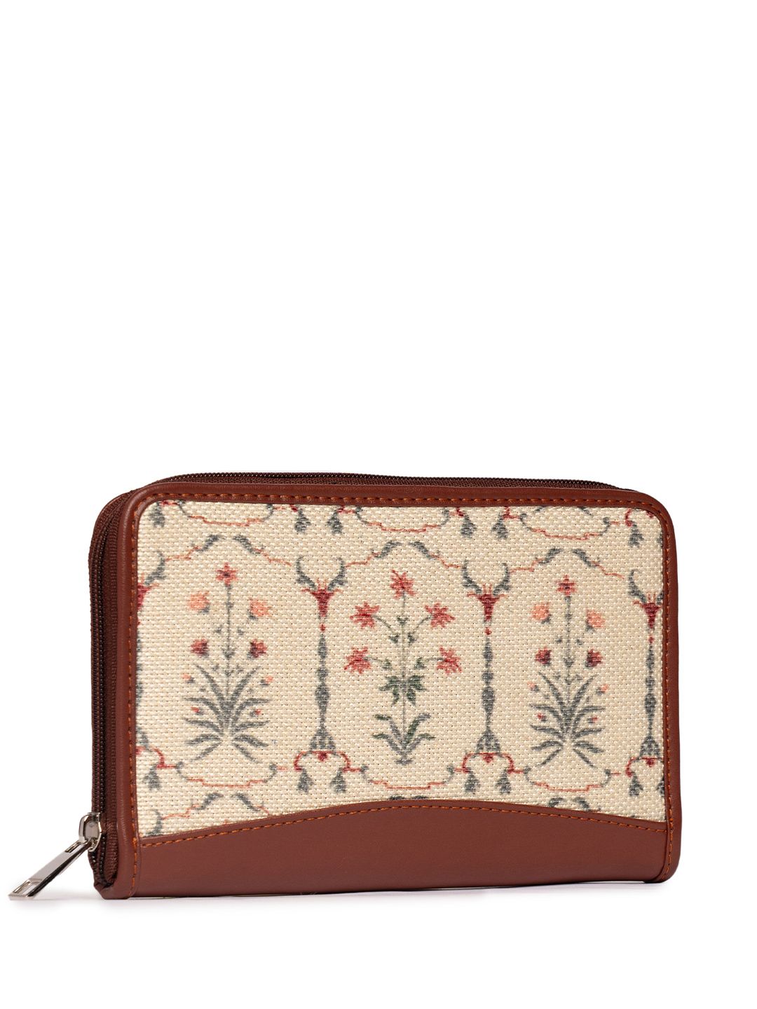 ZOUK Women White & Cream-Coloured Floral Printed Zip Around Wallet
