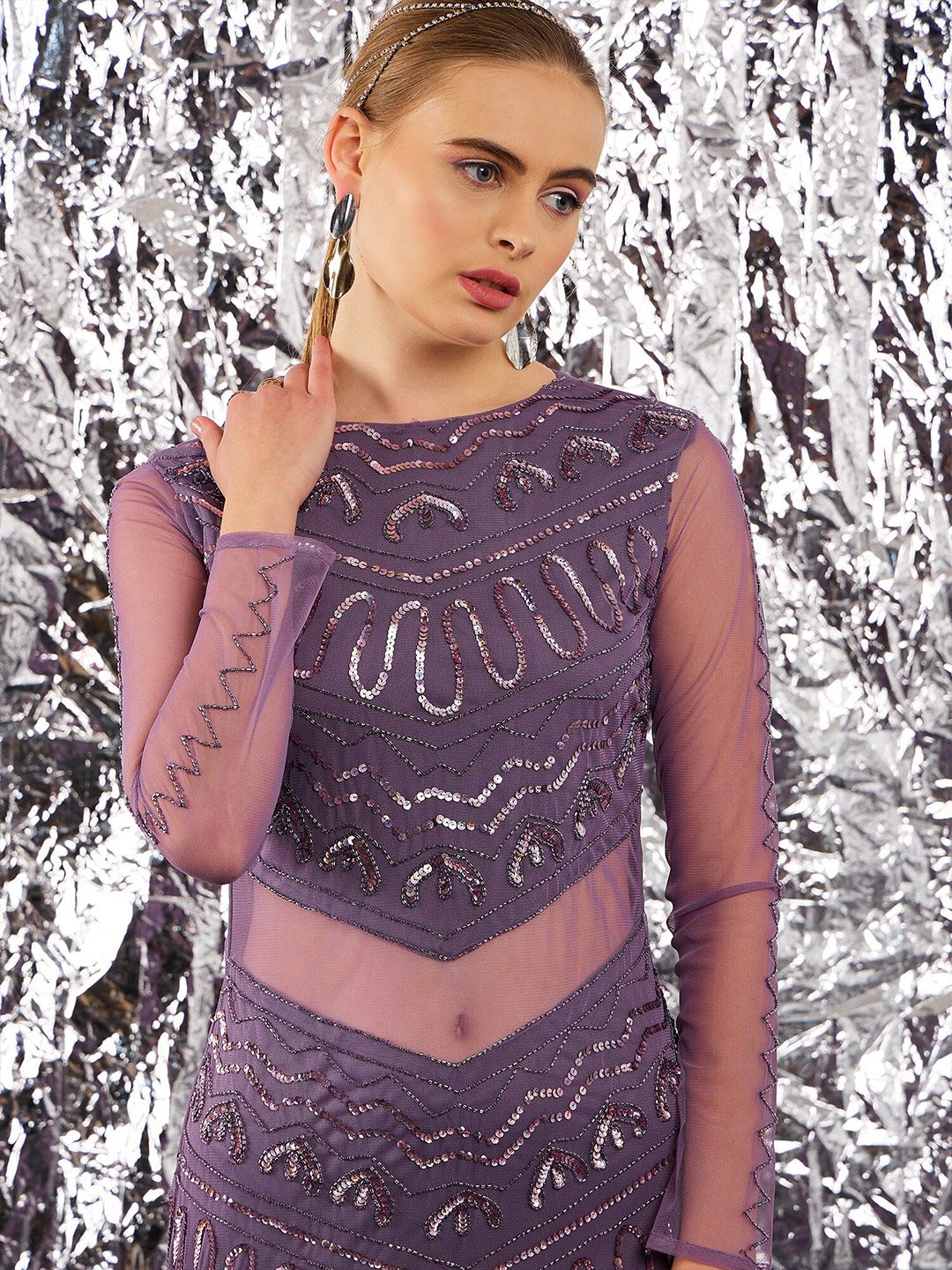 STREET 9 Lavender Print Lavender Embellished Net Sheath Dress