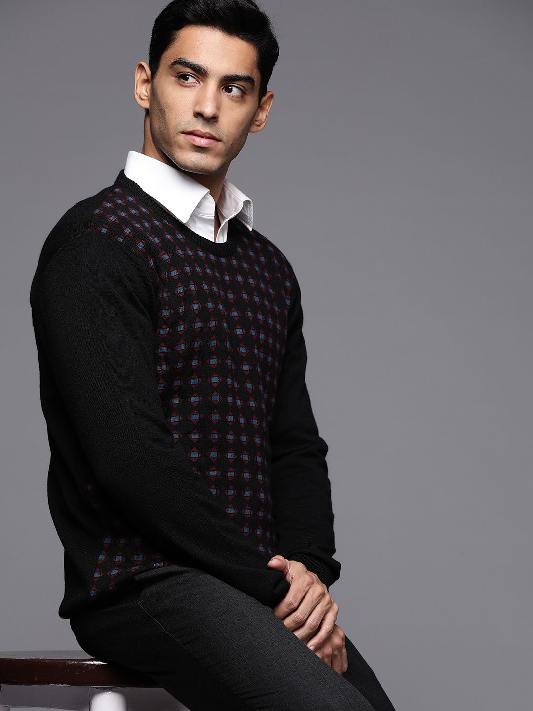 Raymond Men Black Geometric Pullover