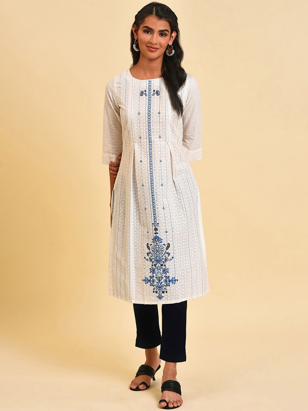 W Ethnic Motif Embroidered A-Line Pure Cotton Kurta