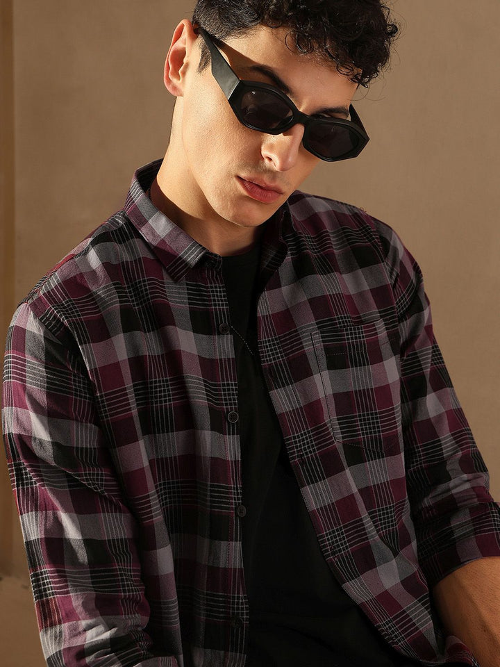 DENNISON Smart Tartan Checked Spread Collar Casual Shirt