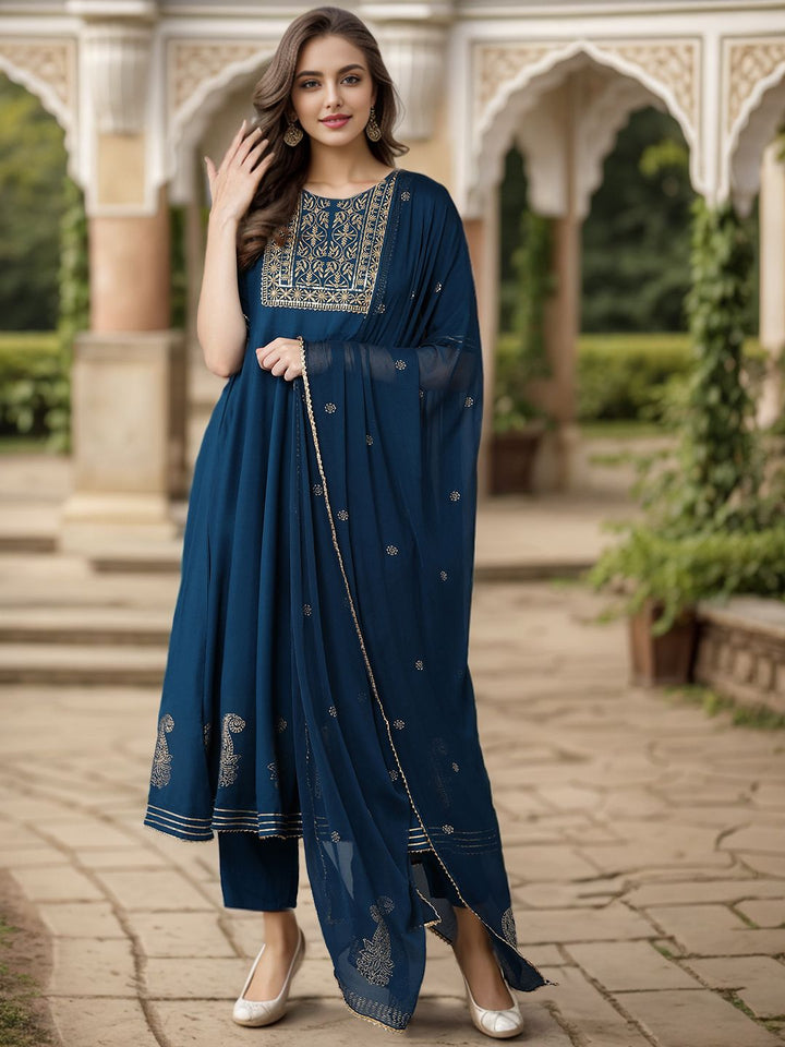 KALINI Ethnic Motifs Embroidered Round Neck Sequinned Empire Kurta With Trouser & Dupatta