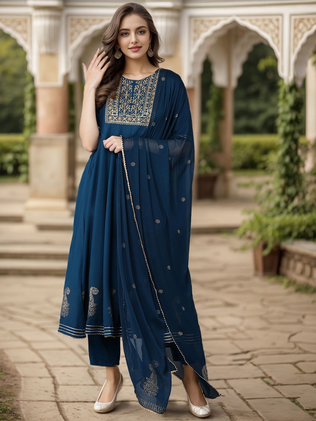 KALINI Ethnic Motifs Embroidered Round Neck Sequinned Empire Kurta With Trouser & Dupatta