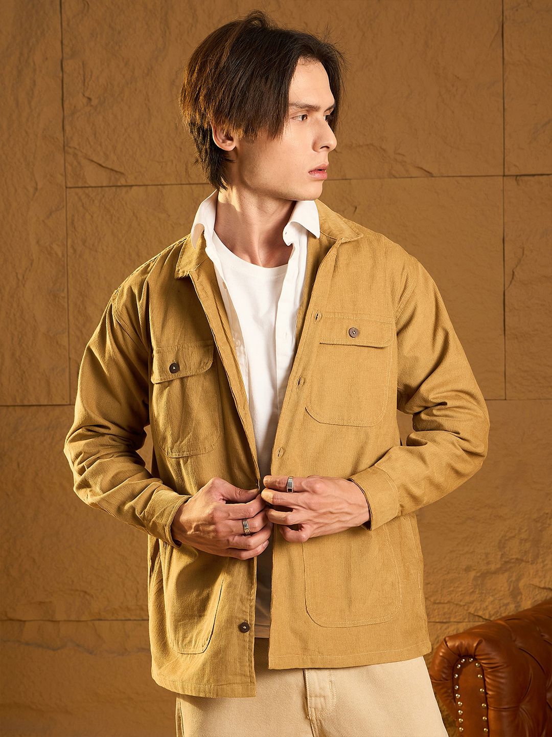 DENNISON Men Four Pocket Drop Shoulder Oversized Corduroy Shacket