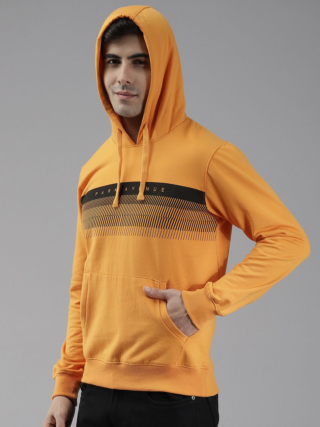 Park Avenue Men Mustard Yellow Striped Hooded Sweatshirt